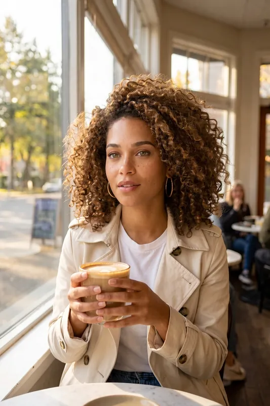 La stessa donna in trench beige seduta alla finestra di un caffè con un latte.