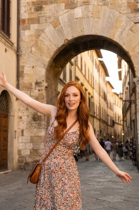 Donna dai capelli rossi con un abito a fiori in piedi sotto un arco di pietra in una stretta via del centro storico, con le braccia spalancate.