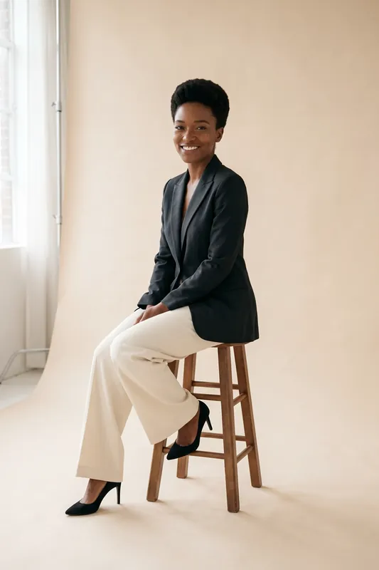 La stessa donna con blazer antracite e pantaloni color crema, seduta su uno sgabello di legno in uno studio luminoso.