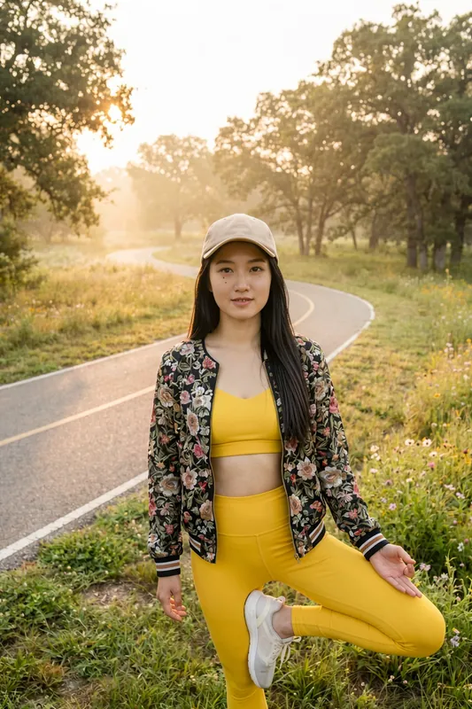 Donna con cappellino, bomber floreale e tuta sportiva gialla, in piedi su una gamba su un sentiero del parco all’alba.