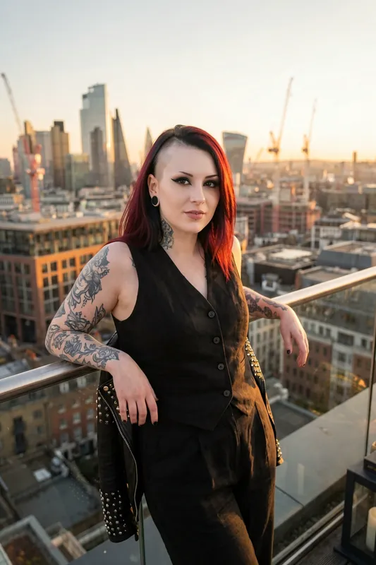 La stessa donna con gilet nero e giacca di pelle, appoggiata alla ringhiera di vetro di un balcone, con lo skyline della città alle spalle.