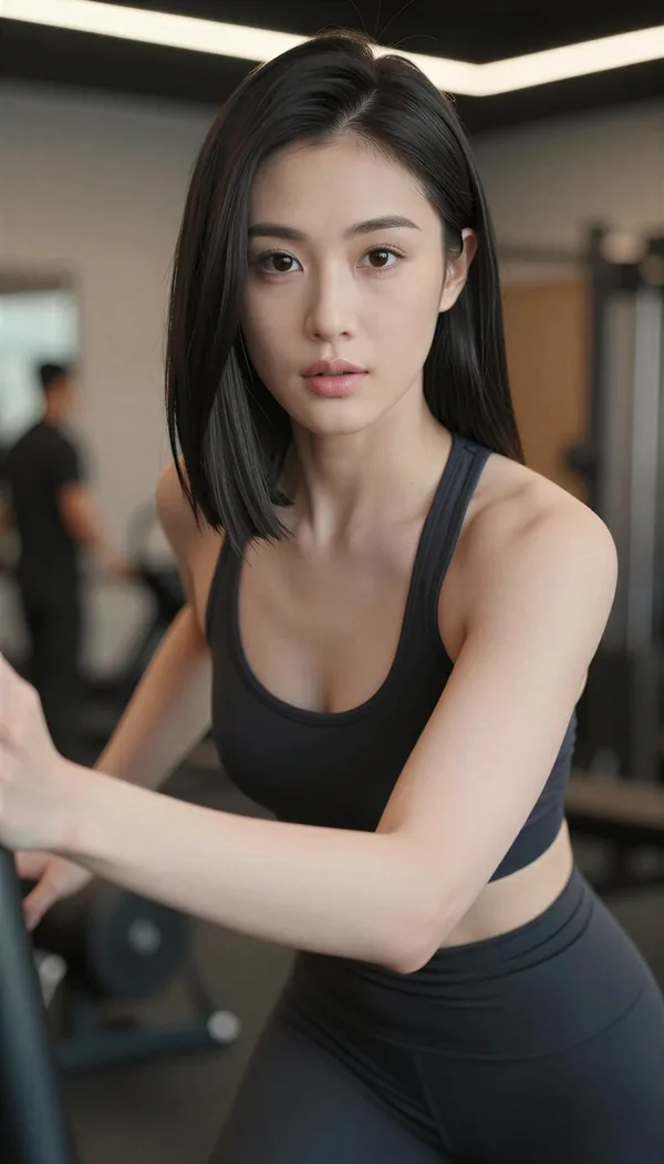 Vertical still of an AI influencer training in a gym