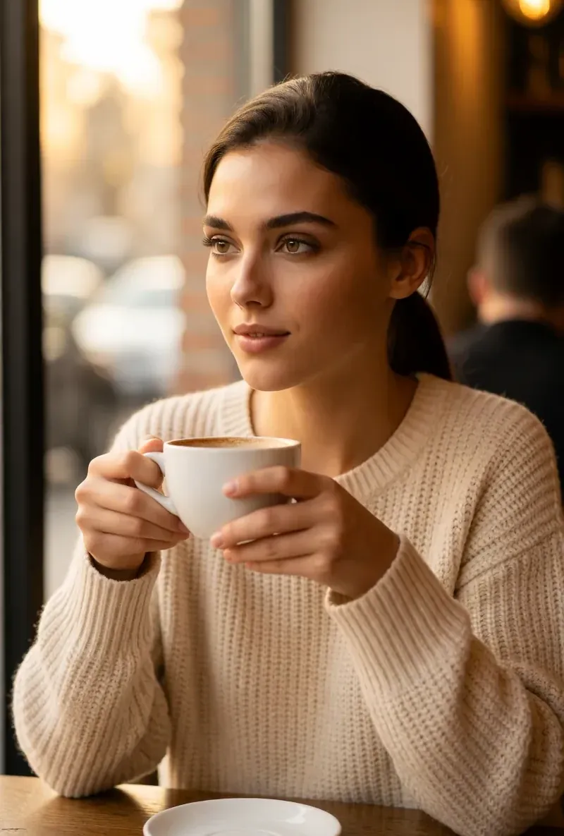 Brunette AI creator, in a cafe with a coffee, generated with RYLA
