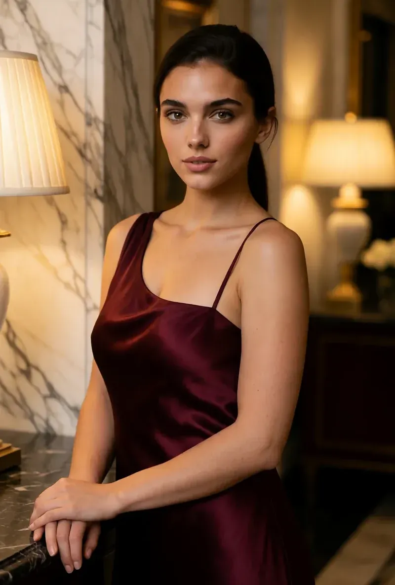 Brunette AI creator, in a luxury interior in evening wear, generated with RYLA