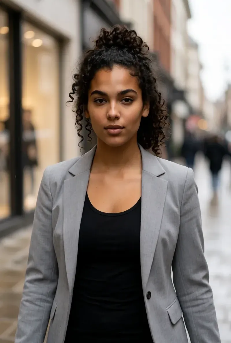 Curly-haired AI creator, on a city street in a blazer, generated with RYLA