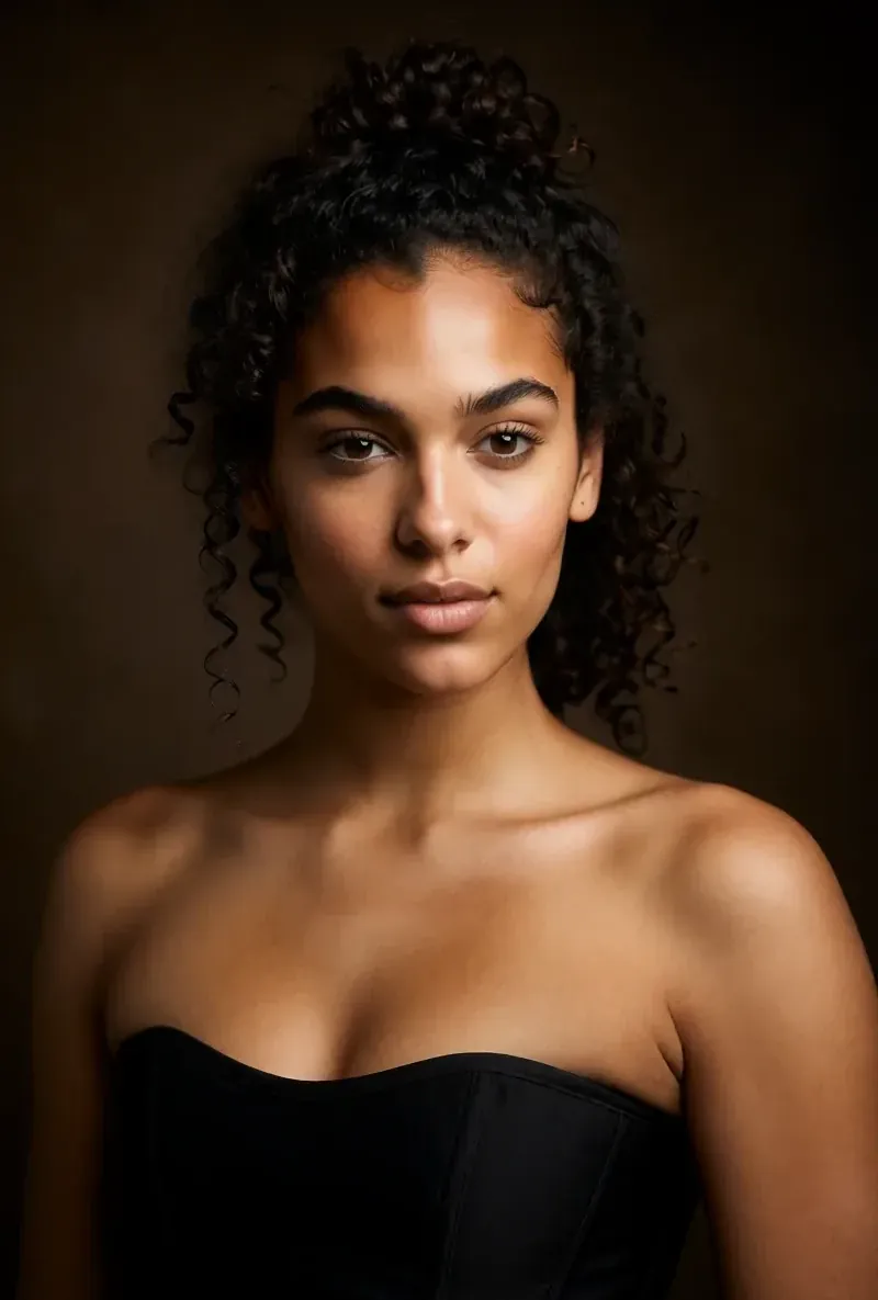 Curly-haired AI creator, an editorial studio portrait, generated with RYLA