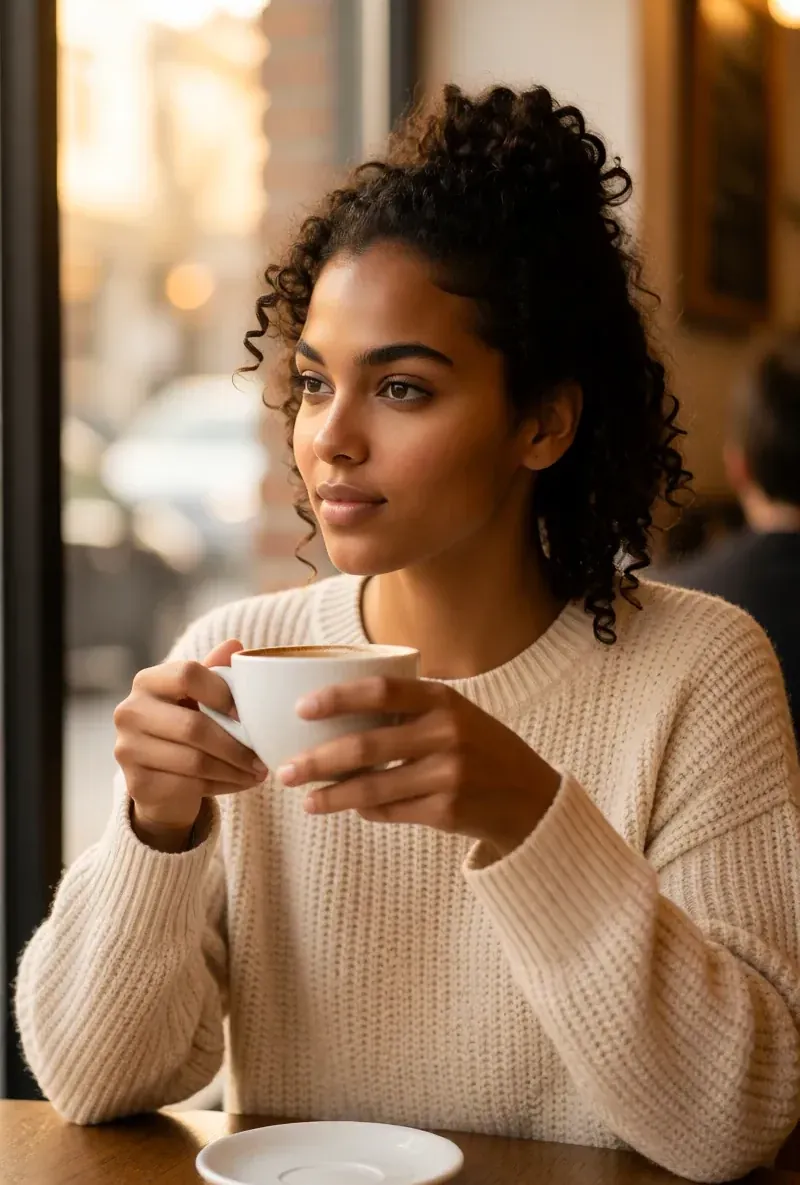 Curly-haired AI creator, in a cafe with a coffee, generated with RYLA