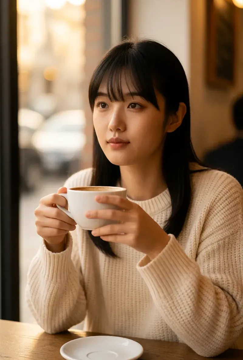Asian AI creator, in a cafe with a coffee, generated with RYLA
