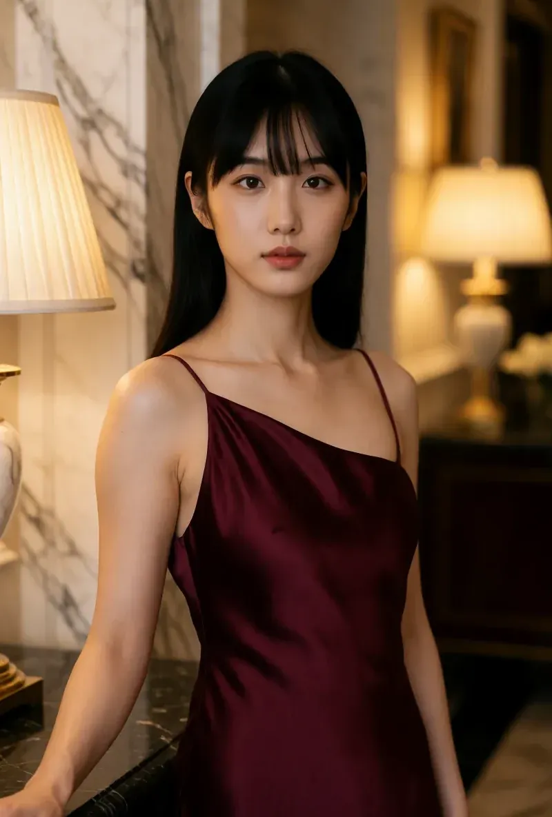 Asian AI creator, in a luxury interior in evening wear, generated with RYLA
