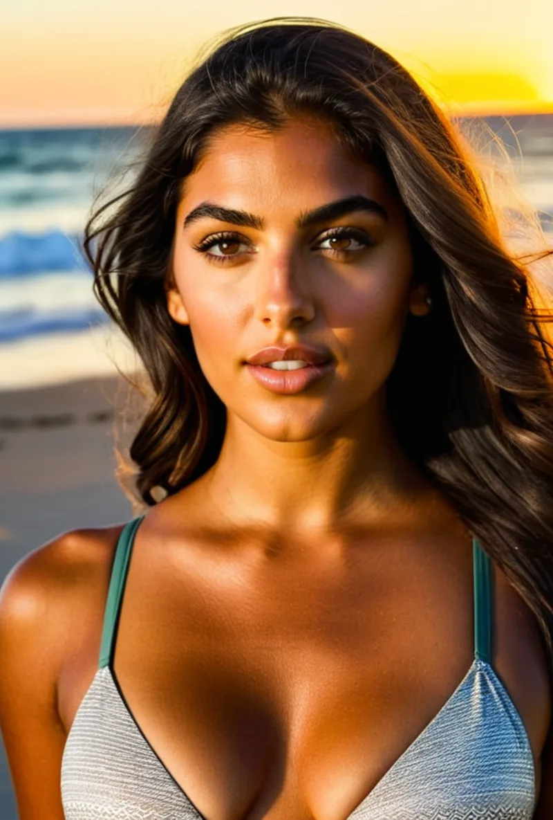 Creadora IA latina, en la playa a la hora dorada, generado con RYLA