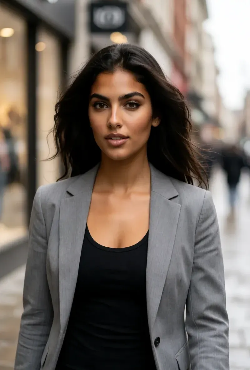 Latina AI creator, on a city street in a blazer, generated with RYLA