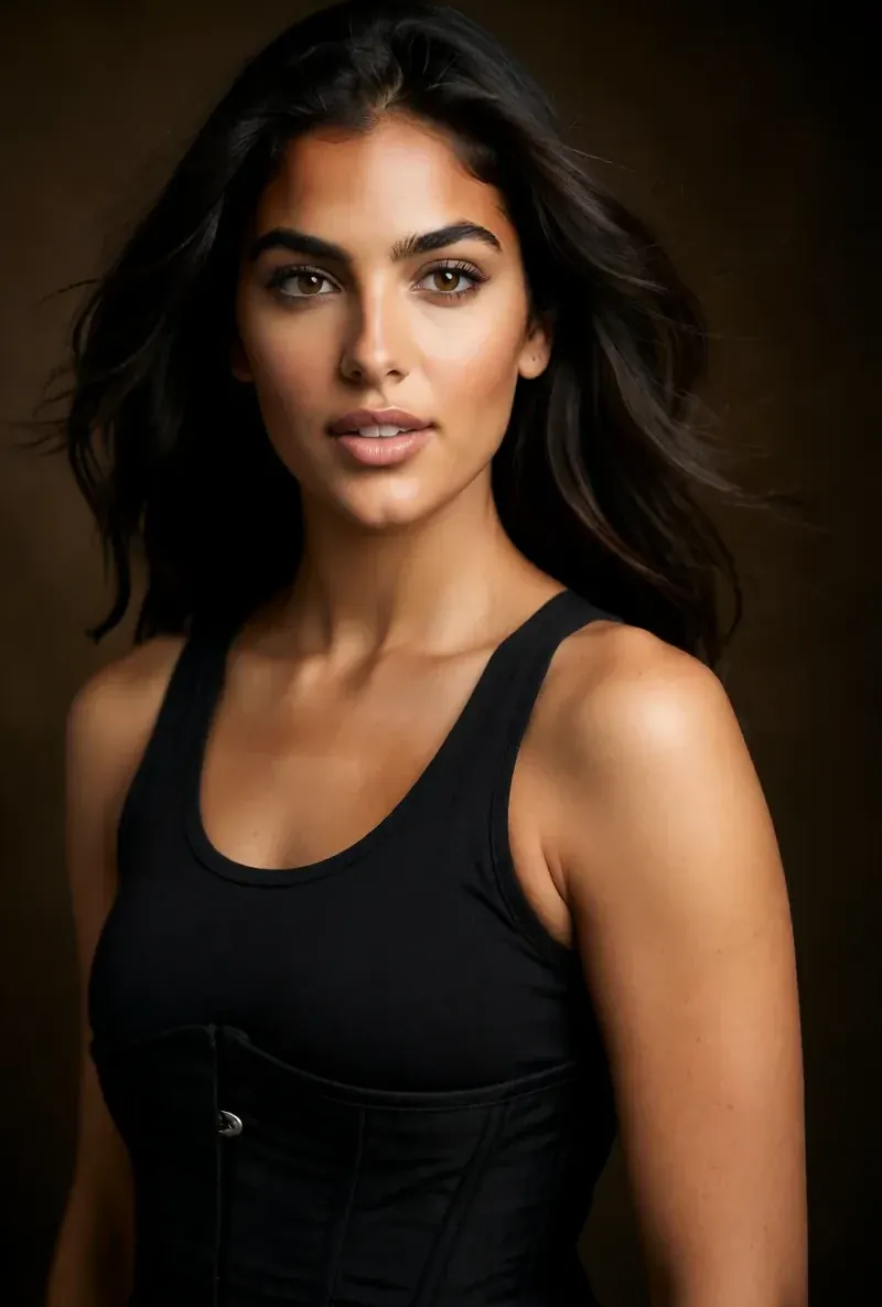 Latina AI creator, an editorial studio portrait, generated with RYLA
