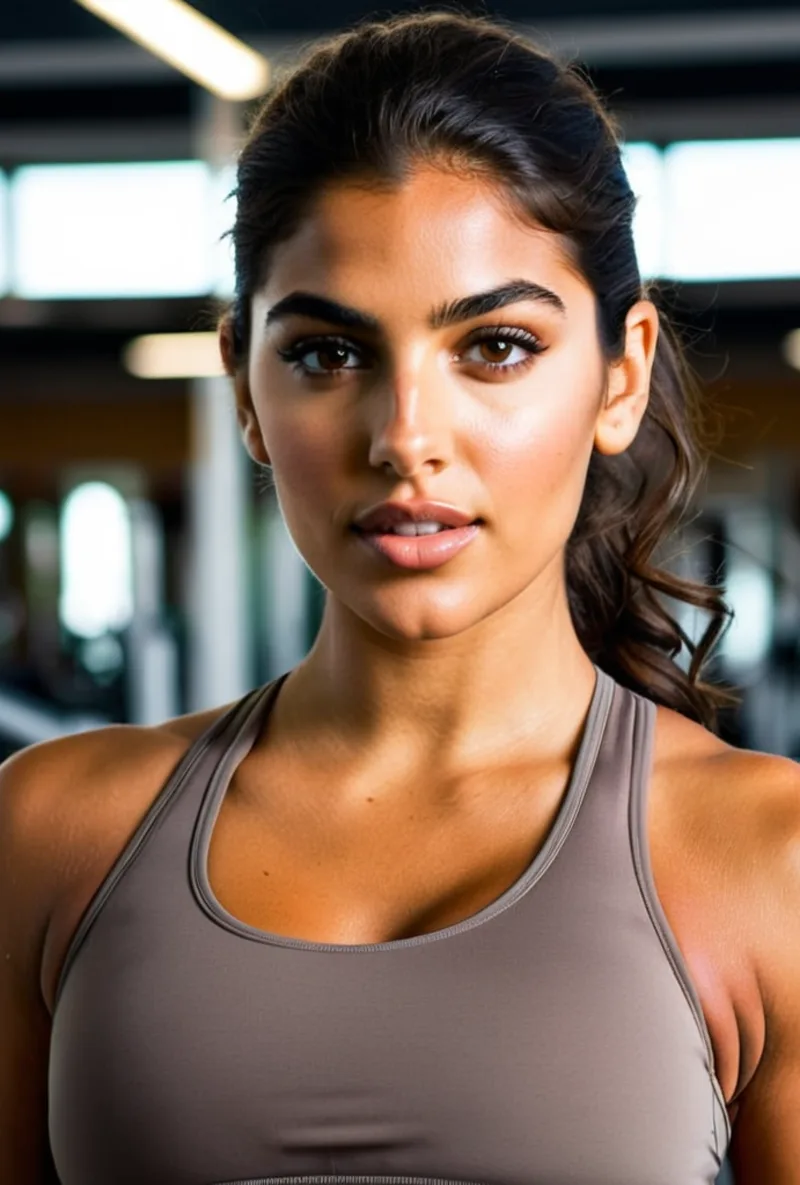 Creadora IA latina, entrenando en el gimnasio, generado con RYLA