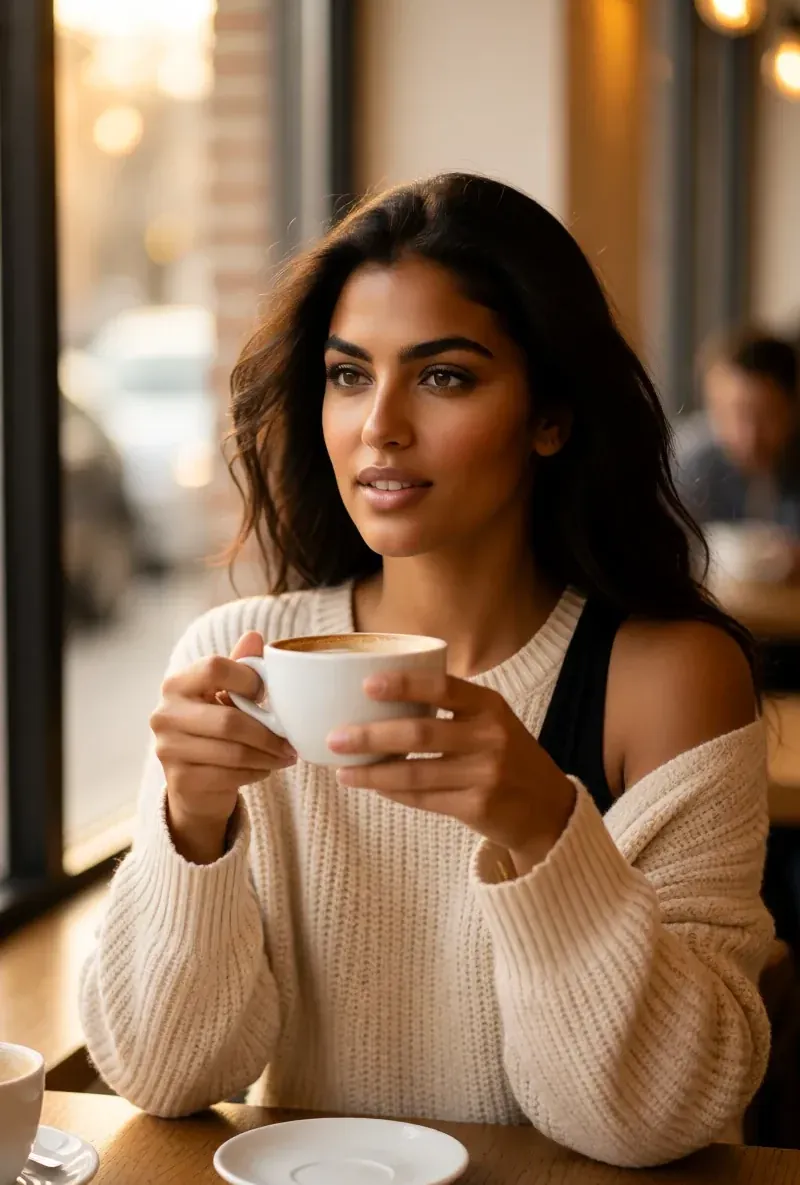 Latina AI creator, in a cafe with a coffee, generated with RYLA