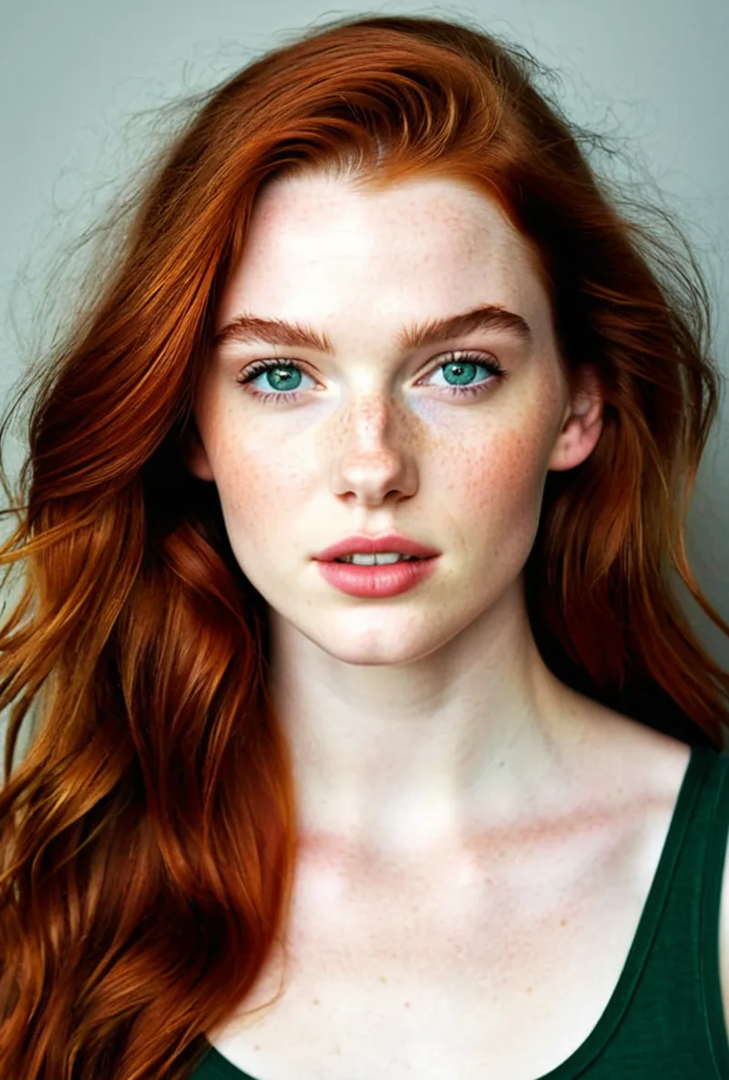 Portrait of an auburn-haired AI influencer, shown as the live preview inside the Ryla character builder