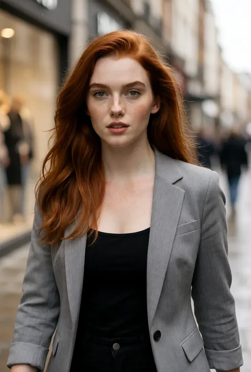 Red-haired AI creator, on a city street in a blazer, generated with RYLA