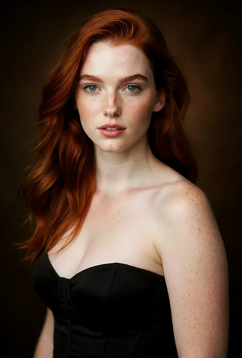Red-haired AI creator, an editorial studio portrait, generated with RYLA