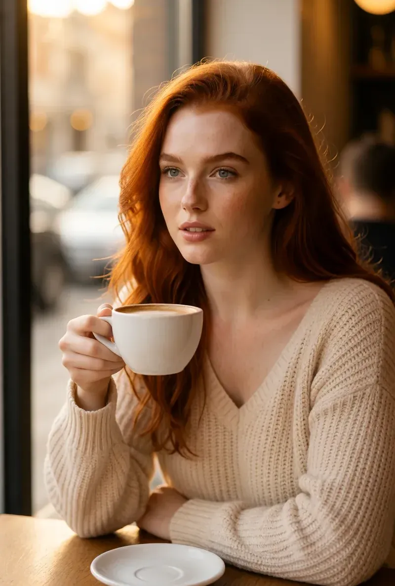 Red-haired AI creator, in a cafe with a coffee, generated with RYLA