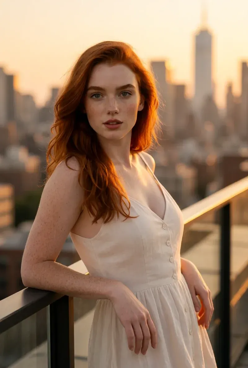 Red-haired AI creator, on a rooftop above the skyline, generated with RYLA