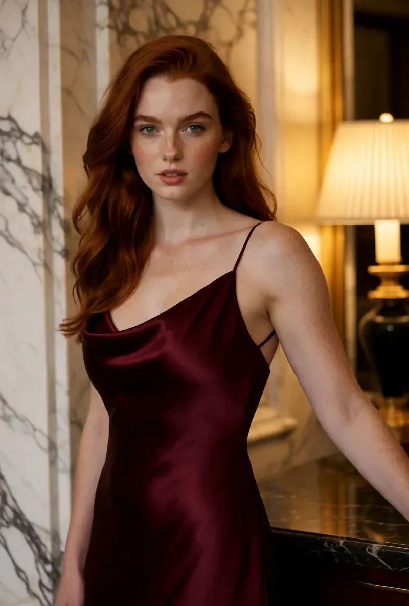 Red-haired AI creator, in a luxury interior in evening wear, generated with RYLA
